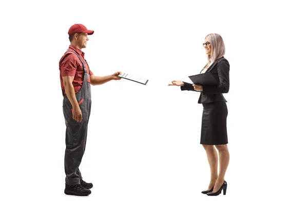 Full Length Profile Shot Male Courier Handing Document Businesswoman Isolated — Stock Photo, Image