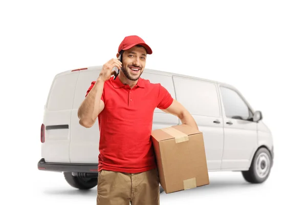 Delivery Man Talking Mobile Phone Front White Van Isolated White — Stock Photo, Image