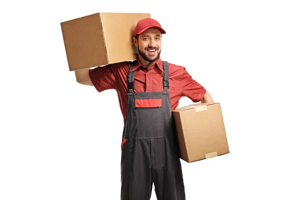 Trabalhador Masculino Segurando Duas Caixas Papelão Isoladas Fundo Branco — Fotografia de Stock