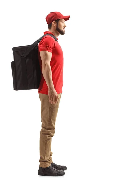 Full Length Profile Shot Food Delivery Guy Standing Bag His — Stock Photo, Image