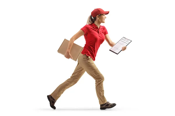 Imagen Perfil Completo Una Partera Corriendo Con Una Caja Documento — Foto de Stock