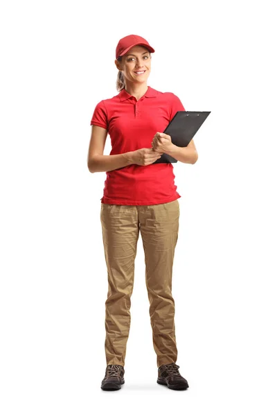 Full Length Portrait Female Worker Holding Clipboard Isolated White Background — Stockfoto
