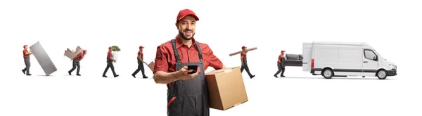 Hombre Trabajador Sosteniendo Teléfono Móvil Mudanzas Poniendo Artículos Del Hogar —  Fotos de Stock