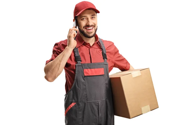 Male Worker Talking Mobile Phone Holding Cardboard Box Isolated White — Stock Photo, Image