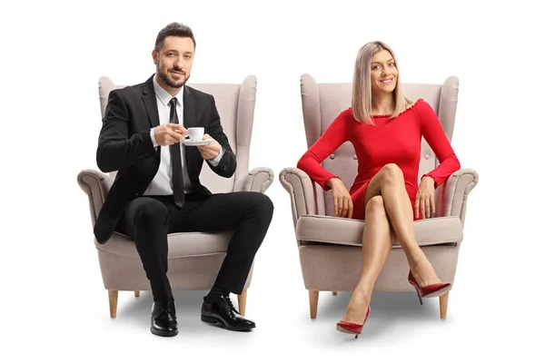 Young Blond Woman Red Dress Man Cup Coffee Sitting Armchairs — Stock Photo, Image