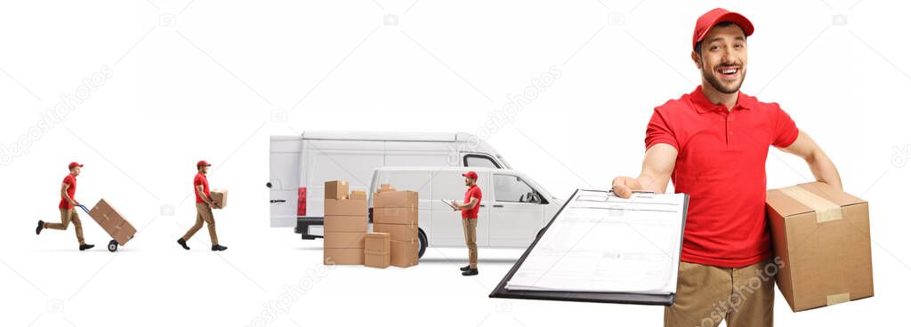 Courier with a box and a clipboard and other workers loading boxes in vans isolated on white background 