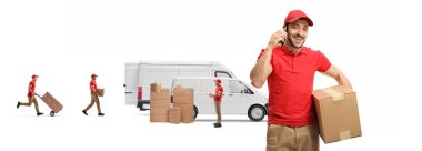 Cep telefonuyla konuşan kurye ve işçiler beyaz arka planda izole edilmiş nakliye kamyonlarıyla kutuları yüklüyorlar. 