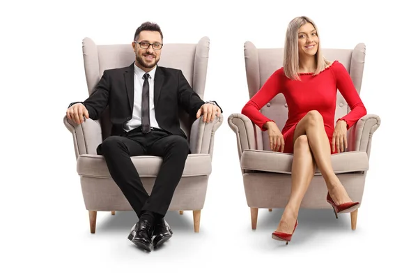 Elegant Young Man Woman Sitting Armchairs Isolated White Background — Stock Photo, Image