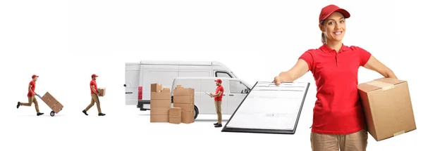 Delivery Woman Document Clipboard Workers Loading Boxes Transport Vans Isolated — Stock Photo, Image