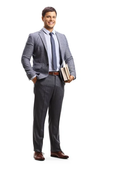 Retrato Completo Joven Profesor Con Libros Aislados Sobre Fondo Blanco — Foto de Stock