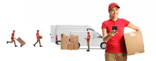 Delivery Woman Holding Cardboard Box Mobile Phone Other Employees Loading — Stock Photo, Image