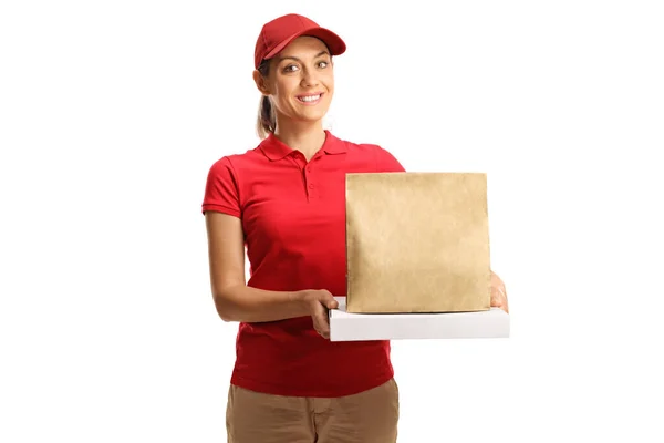 Jovem Mulher Entregando Comida Takeaway Pizza Isolada Fundo Branco — Fotografia de Stock