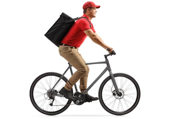 Food Delivery Guy Red Shirt Delivering Food Bicycle Isolated White — Stock Photo, Image