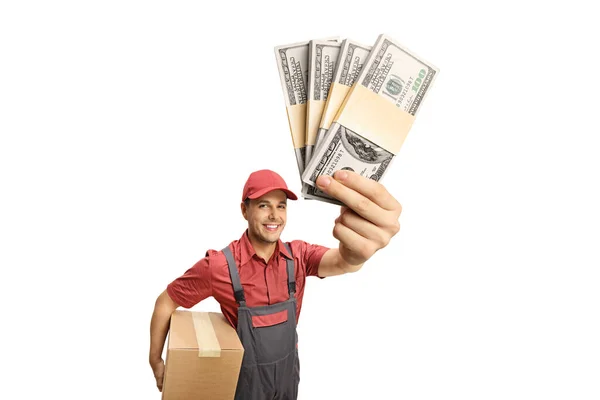 Delivery Man Holding Cardboard Box Stacks Money Isolated White Background — Stock Photo, Image