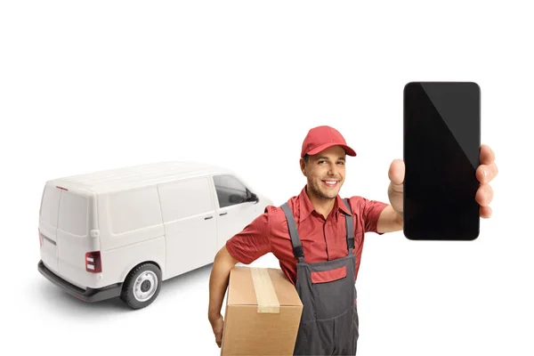 Delivery Man Van Holding Box Mobile Phone Isolated White Background — Stock Photo, Image