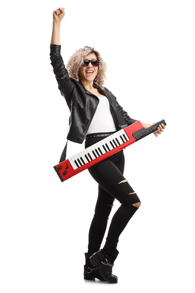 Ritratto Figura Intera Una Musicista Donna Con Keytar Che Indossa — Foto Stock