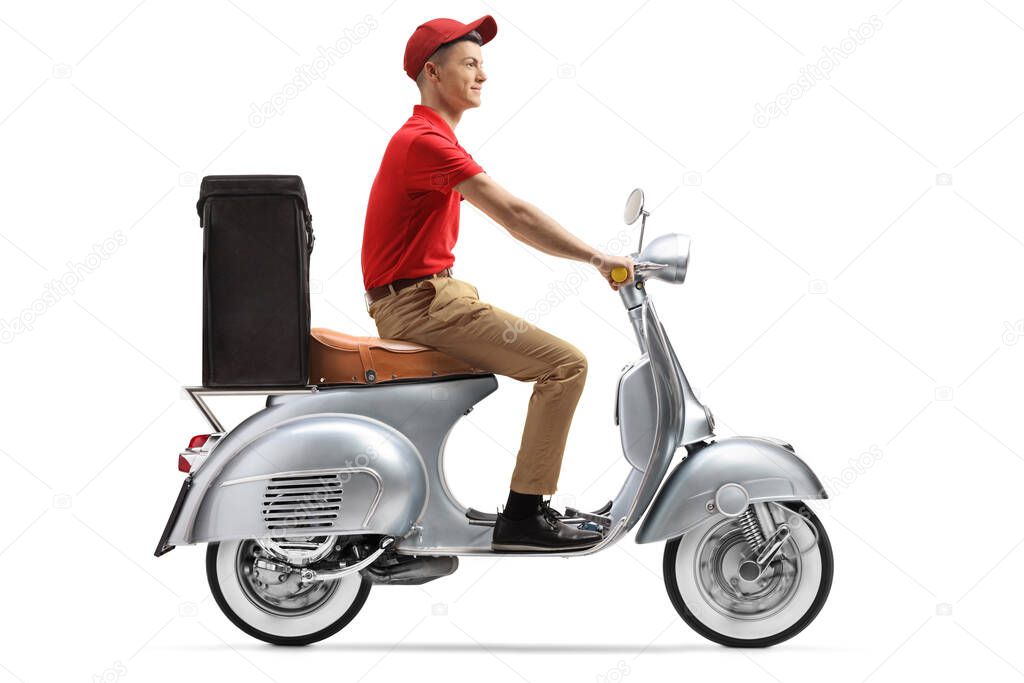 Full length shot of a food delivery guy with a scooter isolated on white background