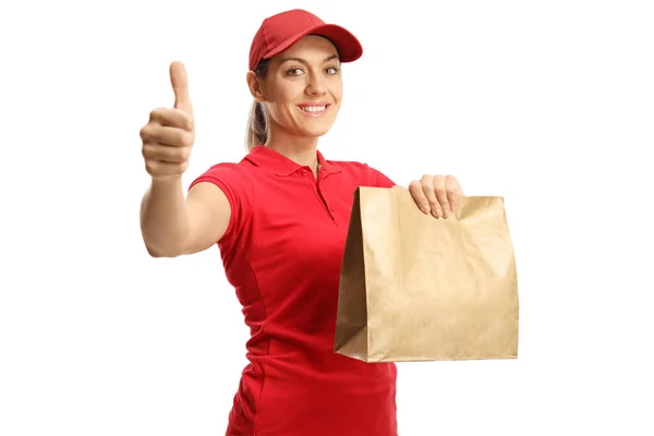 Trabajadora Reparto Comida Sosteniendo Una Bolsa Haciendo Gestos Con Pulgar — Foto de Stock