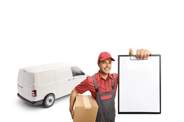 Delivery Man Showing Blank Document Holding Box Front White Van — Stock Photo, Image