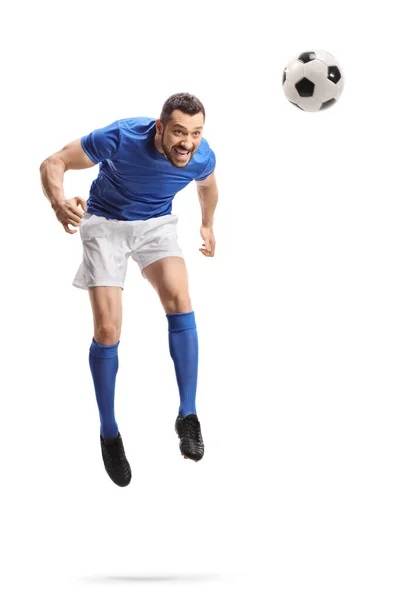 Full Length Portrait Footballer Jumping Hitting Ball Head Isolated White — Stock Photo, Image