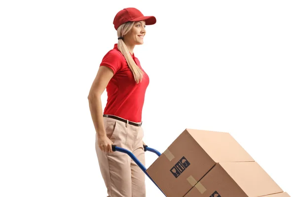 Woman Worker Pushing Boxes Hand Truck Isolated White Background — Stock Photo, Image