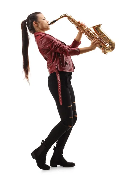Pełna Długość Profilu Ujęcie Żeńskiego Saksofonisty Długimi Czarnymi Włosami Grającego — Zdjęcie stockowe