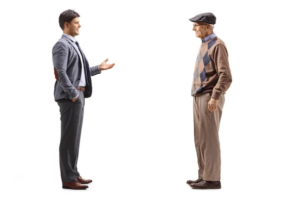 Foto Perfil Completo Hombre Traje Hablando Con Padre Anciano Aislado —  Fotos de Stock