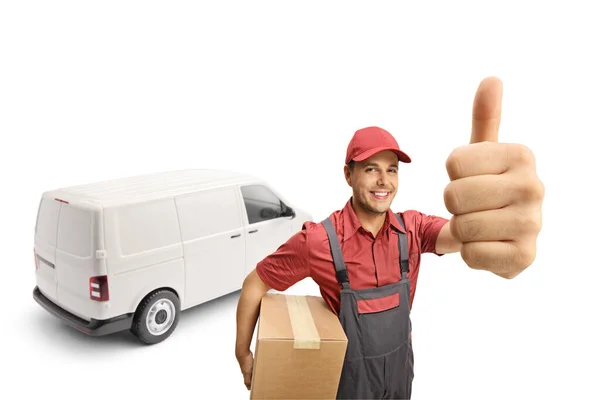 Delivery Man White Van Showing Thumbs Carrying Box Isolated White — Stock Photo, Image