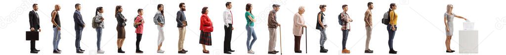 Queue of people waiting in line to vote at election isolated on white background