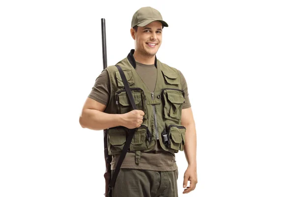 Omzunda Pompalı Tüfekle Beyaz Arka Planda Izole Edilmiş Bir Adam — Stok fotoğraf