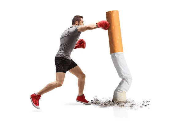 Full Length Profile Shot Guy Punching Cigarette Boxing Gloves Isolated — Stock Photo, Image