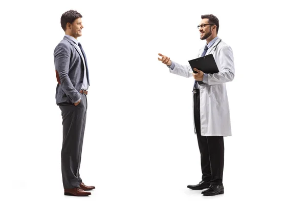 Full Length Profile Shot Professional Young Man Doctor Having Coversation — Stock Photo, Image