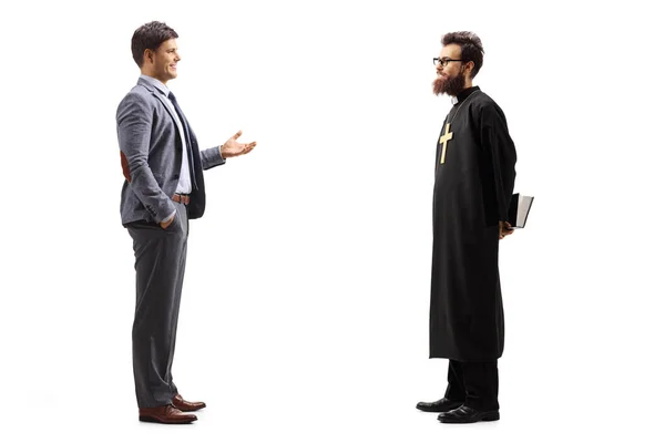 Full Length Profile Shot Man Gesturing Hand Talking Catholic Priest — Stock Photo, Image