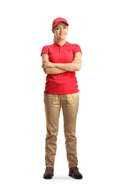 Ganzkörperporträt Einer Arbeiterin Einem Roten Shirt Isoliert Auf Weißem Hintergrund — Stockfoto