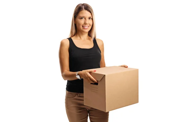 Young Woman Holding Cardboard Moving Box Isolated White Background — Stock Photo, Image