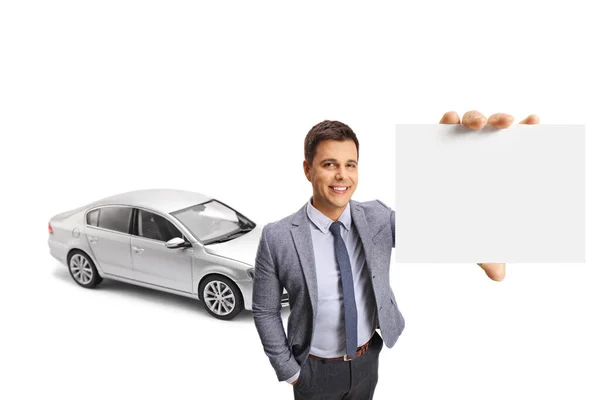 Professional Young Man Silver Car Showing Blank Card Front Camera — Stock Photo, Image