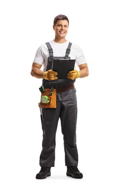 Full Length Portrait Repairman Tool Belt Holding Clipboard Isolated White — Stock Photo, Image