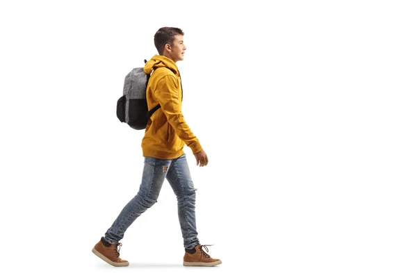 Full Length Profile Shot Male Teen Yellow Hoodie Walking Isolated — Zdjęcie stockowe