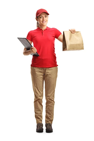 Retrato Comprimento Total Uma Mulher Entrega Alimentos Segurando Saco Papel — Fotografia de Stock