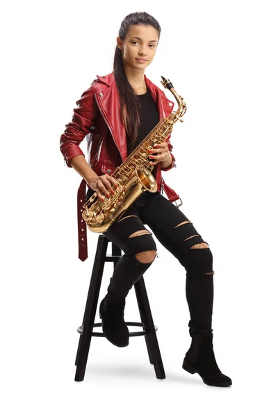 Full Length Portrait Young Woman Sitting Chair Holding Saxophone Isolated — Stock Photo, Image