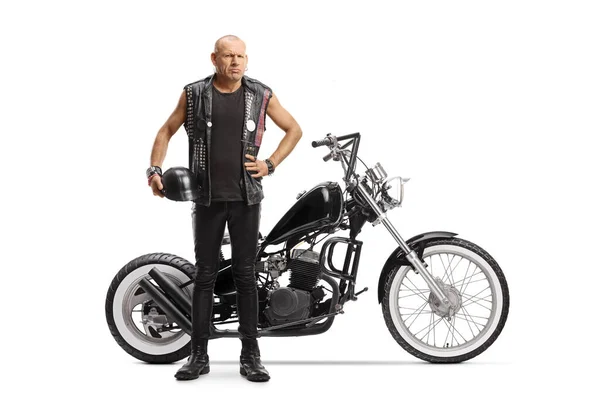 Bald Male Biker Chopper Motorbike Holding Helmet Isolated White Background — Stock Photo, Image