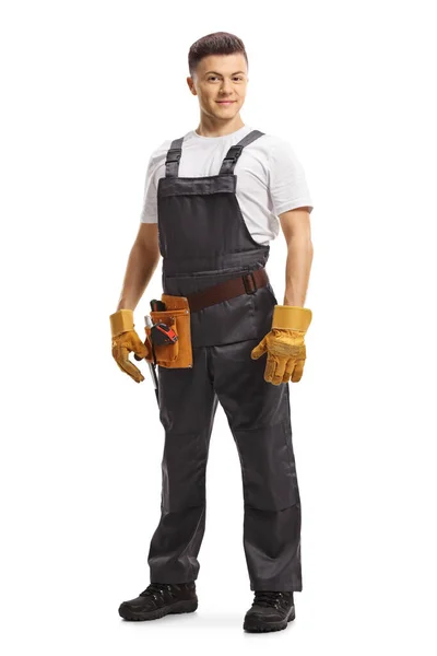 Full Length Portrait Young Repairman Tool Belt Gray Uniform Isolated — Stock Photo, Image