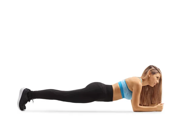 Jonge Vrouw Het Doen Van Een Plank Oefening Workout Geïsoleerd — Stockfoto