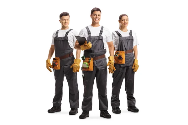 Full Length Portrait Two Male One Female Workers Tool Belts — Stock Photo, Image