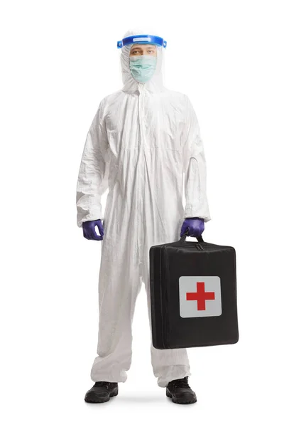 Retrato Comprimento Total Trabalhador Médico Terno Hazmat Carregando Saco Kit — Fotografia de Stock