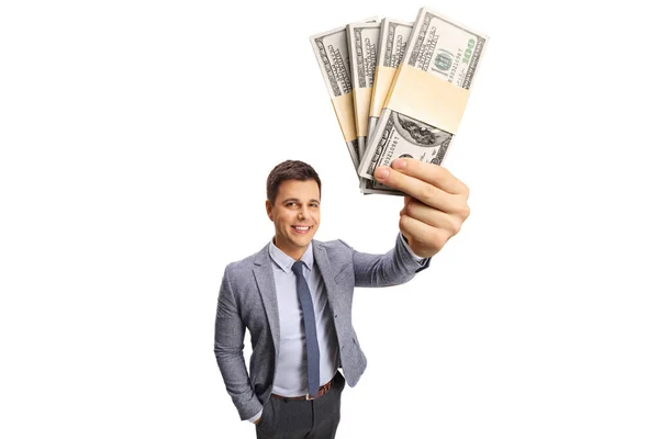 Professional Young Man Showing Stacks Money Front Camera Isolated White — Stock Photo, Image