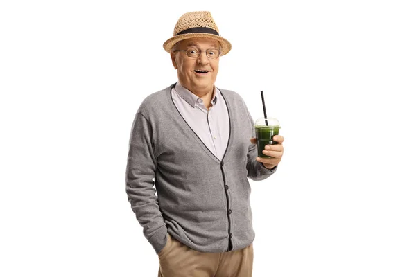 Elderly Man Holding Healthy Green Smoothie Plastic Cup Isolated White — Stock Photo, Image