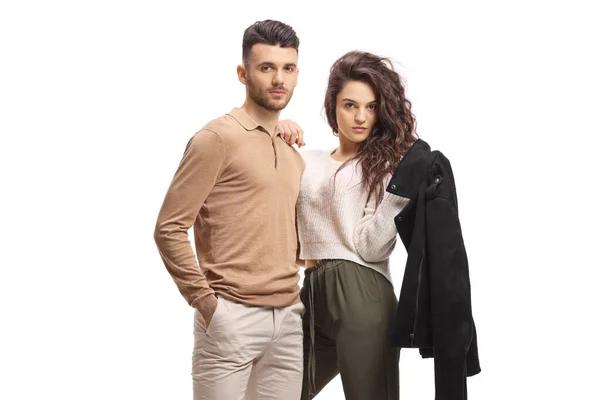 Fashionable Young Couple Standing Posing Isolated White Background — Stock Photo, Image