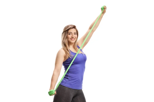 Kvinnlig Träning Med Stretching Band Isolerad Vit Bakgrund — Stockfoto