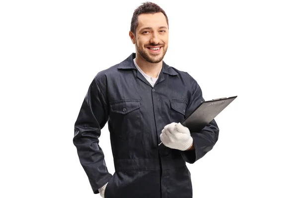 Auto Mechanic Holding Clipboard Smiling Camera Isolated White Background — Stock Photo, Image